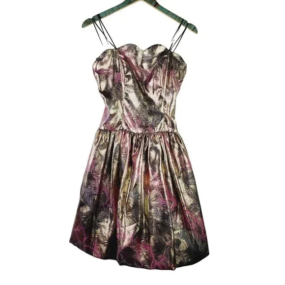 Vtg 1980's Jessica McClintock Gunne Sax Floral Foil Strappy Party Dress Sz 7/8 - Picture 1 of 12